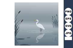 White egret standing in misty water with reeds and reflectio Product Image 1