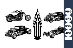 Black White Vector Motorcycle Hot Rod Flame Design Product Image 1