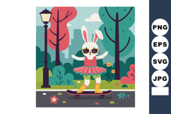 Skateboarding bunny in pink dress and sunglasses in colorful Product Image 1