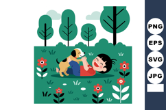Child Playing with Puppy in Green Park Surrounded by Trees a Product Image 1