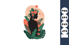 Woman silhouette with tropical leaves and flowers in warm to Product Image 1