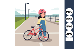 Girl with red bicycle wearing helmet on outdoor urban pathwa Product Image 1