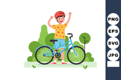Boy with blue bicycle and red helmet outdoors in nature smil Product Image 1