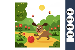 Happy brown dog playing with red ball in green park on sunny Product Image 1