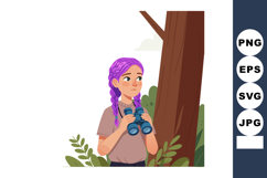 Girl with purple hair holding binoculars observing nature ne Product Image 1