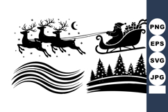 Santa Claus Riding Sleigh Reindeer Pine Trees Silhouette Product Image 1