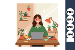 Woman working on laptop at cozy desk with plants and warm la Product Image 1