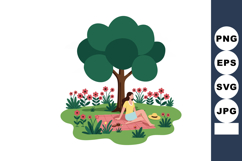Woman sitting on blanket under green tree in flower garden r Product Image 1
