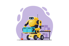Yellow robot carrying blue boxes in warehouse setting flat d Product Image 1