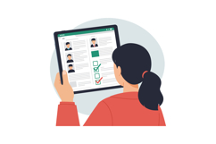Woman viewing digital tablet with online profiles and checkl Product Image 1