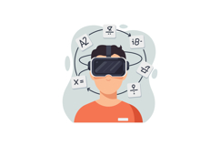 Young man wearing virtual reality headset solving math probl Product Image 1