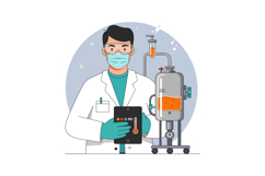Male scientist in white coat with surgical mask holding digi Product Image 1