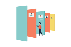 Man browsing colorful profile cards in flat design style dig Product Image 1