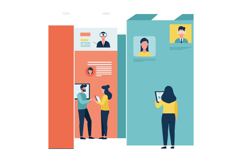 People interacting with digital profiles in flat minimalist Product Image 1
