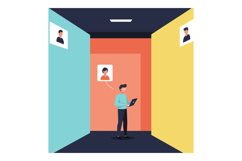 Man using laptop in colorful room with floating profile icon Product Image 1