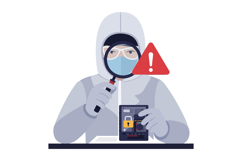 Scientist in protective suit examining digital device with m Product Image 1