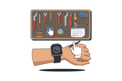 Human hand wearing smartwatch pointing at various hand tools Product Image 1