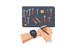 Human hands adjusting smartwatch with toolset wall organized Product Image 1