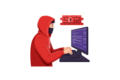 Hacker in red hoodie wearing mask working on computer with f Product Image 1