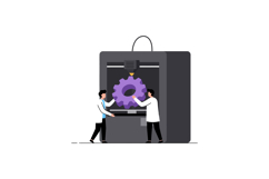 Two male engineers operating large 3D printer producing purp Product Image 1