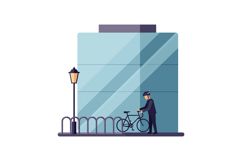 A cyclist in a helmet parking a bicycle near a modern buildi Product Image 1