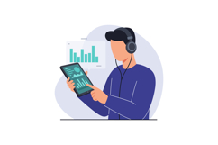 Young man wearing headphones analyzing data charts on digita Product Image 1
