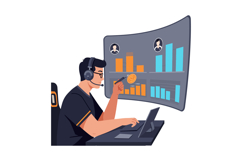 Male call center agent analyzing orange and blue bar charts Product Image 1