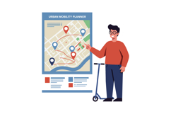 Urban mobility planner man with scooter pointing at city map Product Image 1