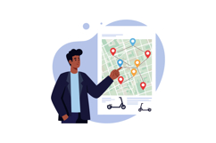 Young man pointing at electric scooter rental locations on c Product Image 1