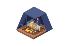 Archaeologist examining golden artifacts inside blue tent de Product Image 1