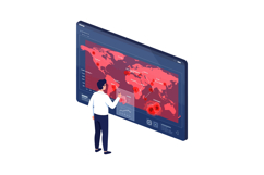 Man analyzing global data on interactive red world map in fl Product Image 1