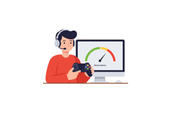 Young man playing video games with headset and controller ne Product Image 1