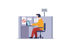 Office worker focused on laptop wearing headphones in cubicl Product Image 1