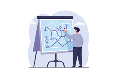 Man analyzing city map on tripod flip chart with pins and ro Product Image 1