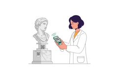 Female scientist scanning QR codes on classical marble bust Product Image 1