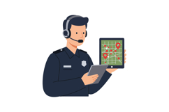 Police officer with headset using tablet showing map and loc Product Image 1