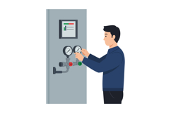 Technician adjusting industrial pressure gauges on control p Product Image 1