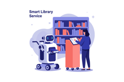 Robot assistant delivering books to woman in modern flat sty Product Image 1