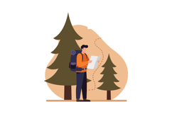 Male hiker with backpack reading map in flat design standing Product Image 1