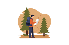 Young male hiker with backpack reading map in forest flat de Product Image 1