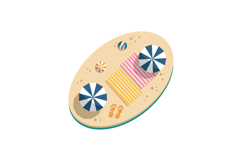 Top view of beach scene with striped umbrellas towels and sa Product Image 1