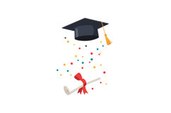 Graduation cap with diploma scroll and colorful confetti in Product Image 1
