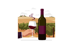 Red wine bottle and glass with vineyard landscape background Product Image 1