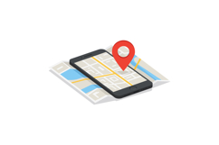 Smartphone with map application and red location pin in flat Product Image 1