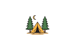 Camping tent between pine trees under crescent moon minimal Product Image 1