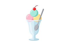 Ice cream sundae with three colorful scoops and cherry toppi Product Image 1