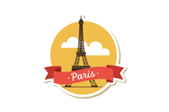 Eiffel Tower landmark with red ribbon banner and clouds flat Product Image 1