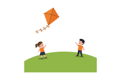 Two children flying orange kite on green hill flat design ve Product Image 1