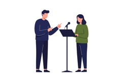Two young adults rehearsing speech with microphone stand fla Product Image 1