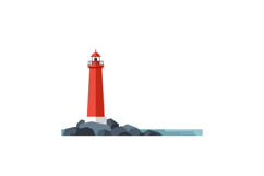 Red lighthouse standing on rocky shore with calm sea in flat Product Image 1